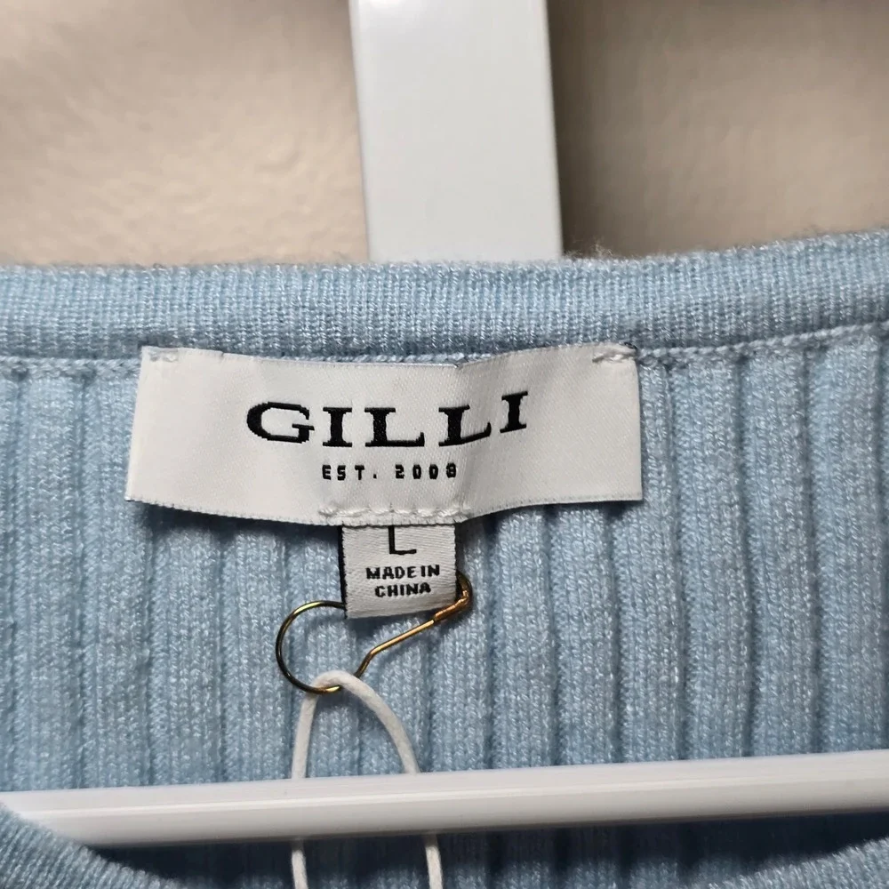 Gilli Womens Ribbed‎ Knit Ruffle Trim Short Sleeve Top Light Blue Size Large NWT